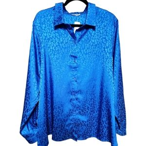 Long Sleeve Royal Blue Button Down Leopard Print Women's Blouse 3X 4X. NWT